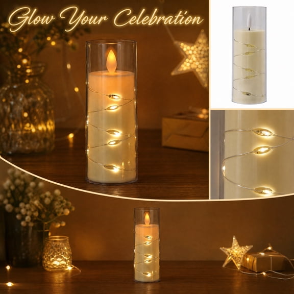 Flameless LED Candle String Lights with Remote, Flickering Flame Effect, Battery Operated Decorative Lights for Wedding, Party, Music Festival, 2.17in x 5.71in