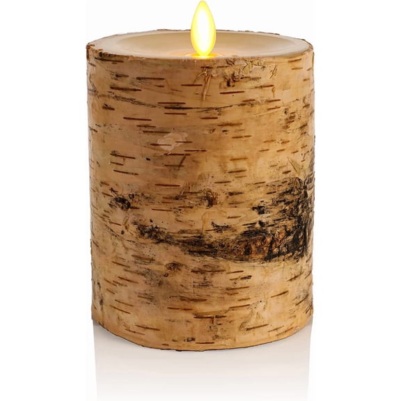 Flameless LED Candle Wrapped in Real Birch Bark 4" x 5.5" Battery Operated with Moving Flame and Timer Bestseling