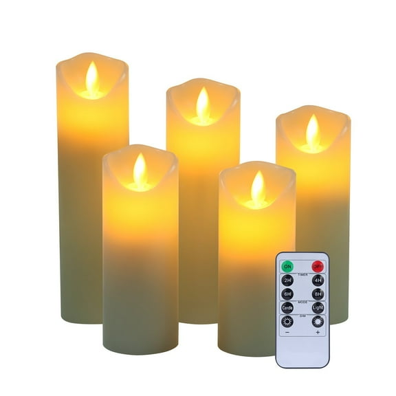 Flameless LED Candles 5" 5.5" 6" 7" 8" Set of 5 Ivory Real Wax Pillars & Moving Flame Wick With 10-Key Remote Control