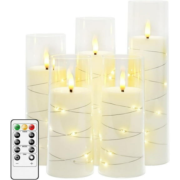 Flameless LED Candles with Timer - 5 Pack Flickering Battery Operated Candles for Romantic Ambiance & Home Decoration, Stable Acrylic Shell with Embedded Star String
