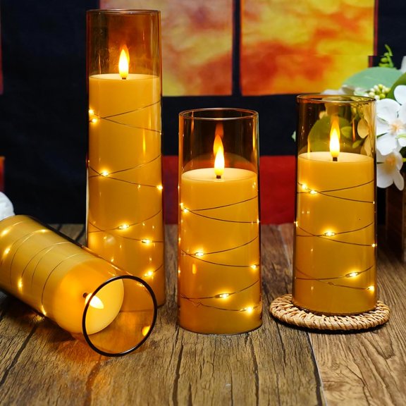 Flameless LED Candles with Timer 5 Pc Flickering Flameless Candles for Romantic Ambiance and Home Decoration Stable Acrylic Shell,with Embedded Star String，Battery Operated Candles（Red）