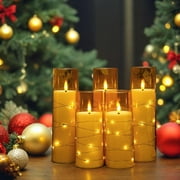 AEL 5-Pack Gold Flameless LED Pillar Candles with Remote Timer and Embedded Fairy Lights