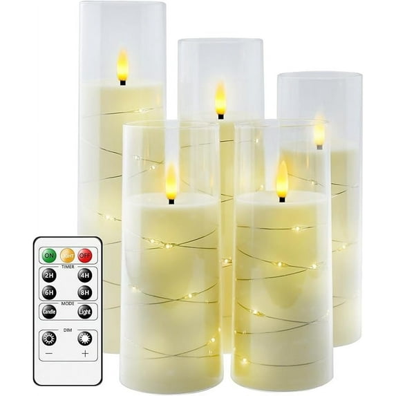 Flameless LED Candles with Timer 5 Pc Flickering Flameless Candles for Romantic Ambiance and Home Decoration Stable Acrylic Shell,with Embedded Star String,Battery Operated Candles(Grey)