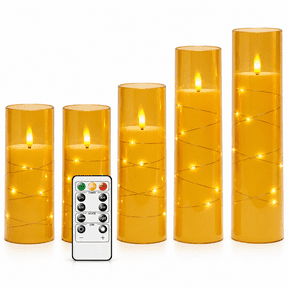AEL 5-Pack Gold Flameless LED Pillar Candles with Remote Timer and Embedded Fairy Lights