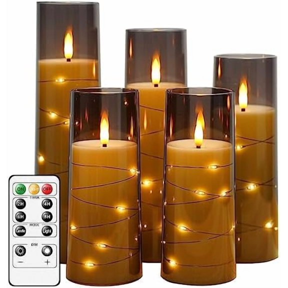 Flameless LED Candles with Timer 5 Pc Flickering Flameless Candles for Romantic Ambiance and Home Decoration Stable Acrylic Shell,with Embedded Star String，Battery Operated Candles（Grey）