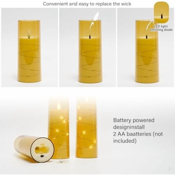 Flameless LED Candles with Timer 5 Pc Flickering Flameless Candles for Romantic Ambiance and Home Decoration Stable Acrylic Shell,with Embedded Star String，Battery Operated Candles（Gold）