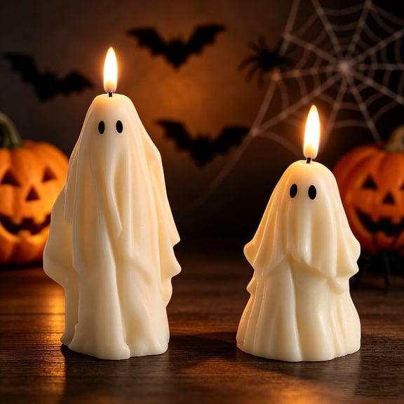 Flameless LED Ghost Pillar Candles Set of 2, Cute Cream Ghost Statue Flickering Candle Light Battery Operated Spooky Halloween Table Mantel Farmhouse Indoor Decor