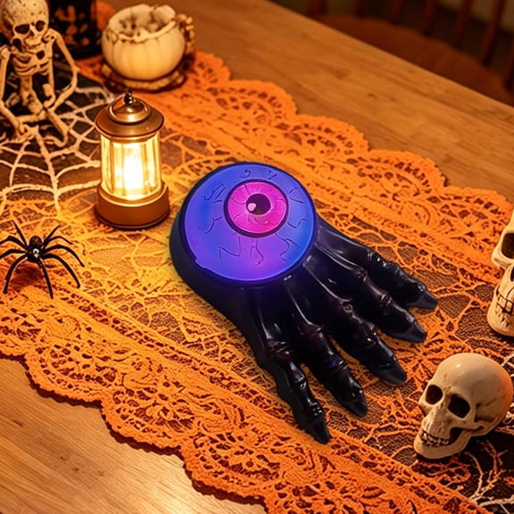 Flameless LED Glowing Eyeball and Skeleton Foot Candle Light,Black Plastic Spooky Halloween Tabletop Decor,Battery Operated Ambient Lamp
