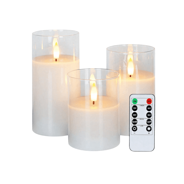Led Grey Color Flameless LED Pillar Candles, 3 Pack, White Glass, Battery Operated ...