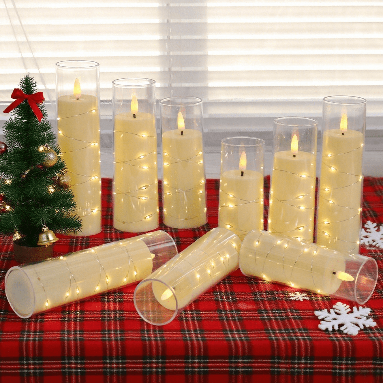 Flameless LED Pillar Candles (9 Pcs) – Embedded Star String, Battery Operated with Remote & Timer, White – Perfect for Home/Party/Wedding