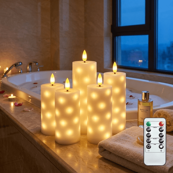 Goyuon Flameless LED Pillar Candles with Timer Remote, Embedded Fairy Lights, Battery Operated Flickering Candles, Ivory White Acrylic, 5 pack