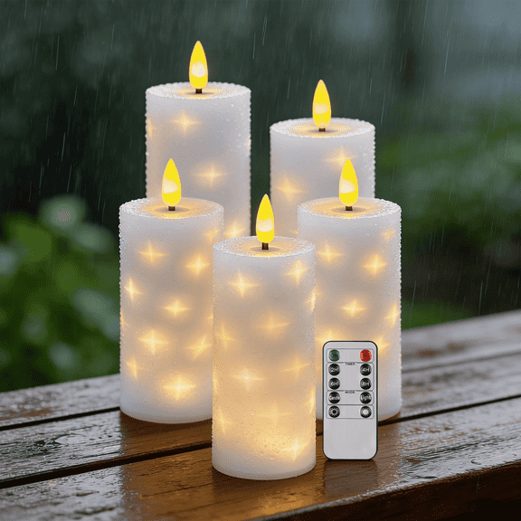 Goyuon Flameless LED Pillar Candles, Timer Operated, Embedded Star String Lights, Battery Operated Flickering, Ivory White Acrylic, 5 Pack