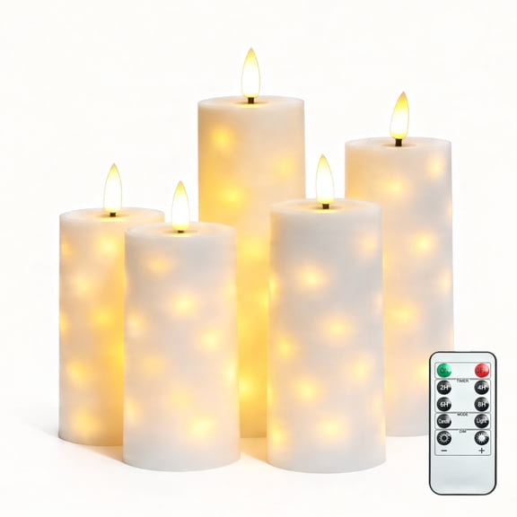 Goyuon Flameless LED Candles 5 Pack with Timer Remote, Embedded Star String Lights, Battery Operated Flickering Candles, Ivory White Acrylic