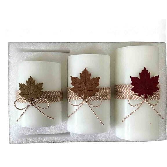 Flameless LED Pillar Candles Set of 3,Flickering Wax with Fall Maple Leaf Accent Battery Operated for Thanksgiving Table Home Decor