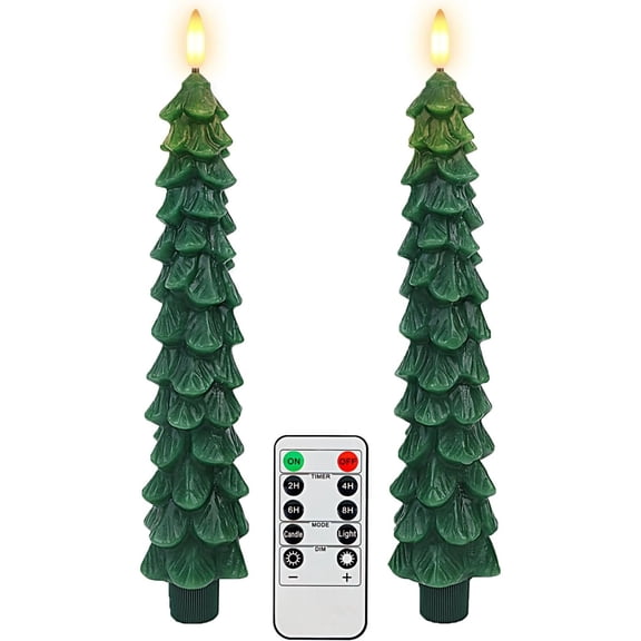 Flameless LED Taper Candles with Remote Timer - 2 Pack Christmas Tree Candles, 3D Flame Flickering Green Waxy Candlesticks for Home Fireplace Decor, Battery Operated, 0.78" x 9.5"