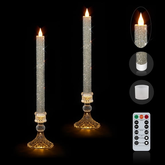 Flameless LED Taper Candles wish Illuminated Holder-Glass Candle Holder, Remote Timer 2AA Battery Operated 500+ Hours for Thanksgiving/Xmas Decor, Wedding Centerpiece (Crystal Silver, 2 Pack)