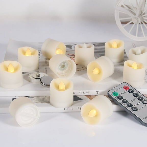 Flameless LED Tea Lights with Remote, Timer, 200-Hour Battery, Realistic Flicker, Set of 12, 1.3" White