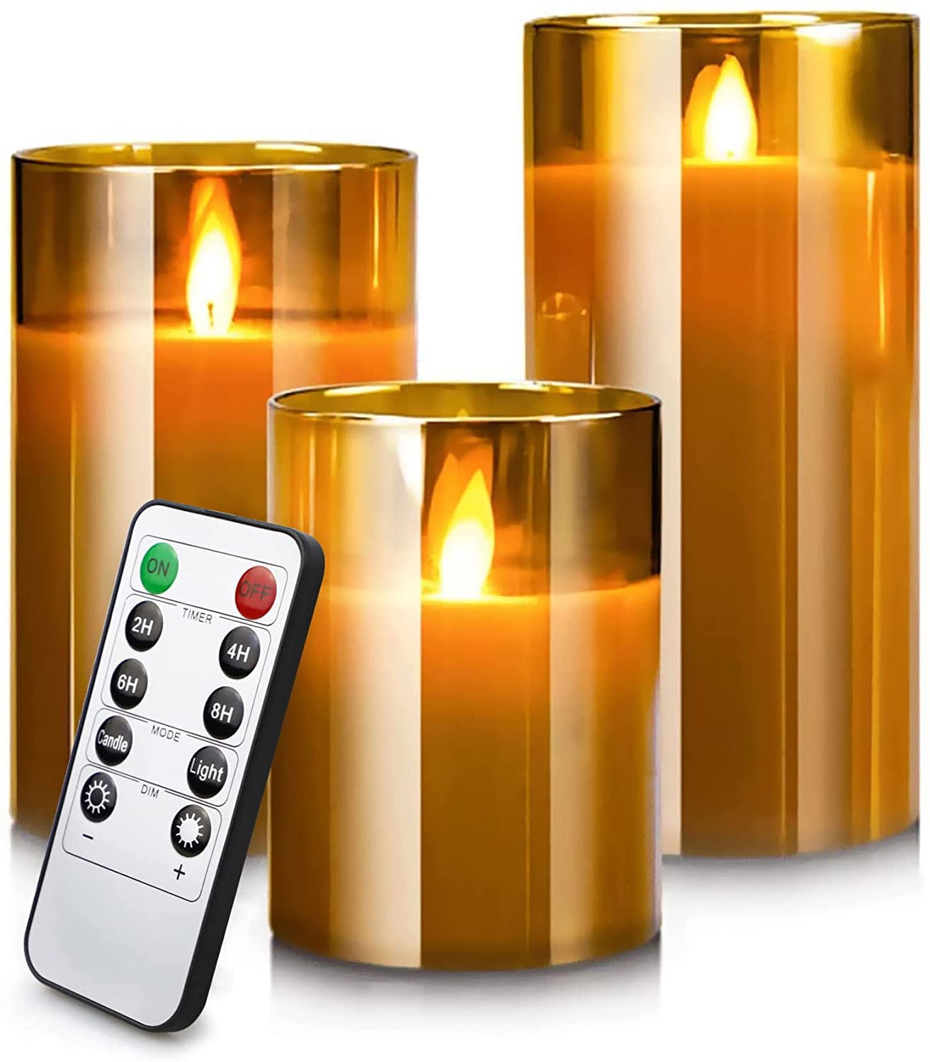 Flameless Led Candles Flickering Candle Real Wax Fake Wick Moving Flame Faux Wickless Pillar Battery Operated Candles with Timer Remote Glass Effect for Festival Wedding Home Party Decor