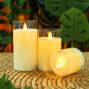 Toopower Flickering LED Flameless Pillar Candles with Moving Wick and Glass Effect, Battery Operated, Set of 3
