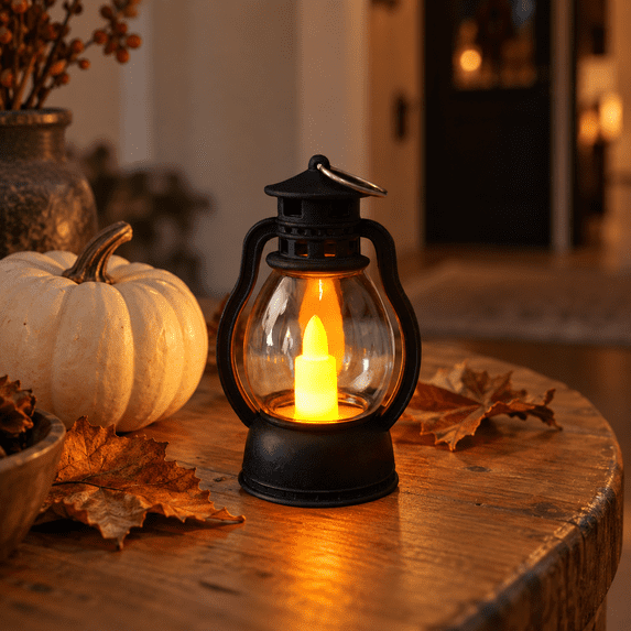 Flameless Mini Lantern Night Light, Soft Decorative LED Glow, Compact Seasonal Night Light, Ambient Lighting for Bedroom, Table and Mantel, Flexible Lighting for Entryway and Party Backdrop, Black