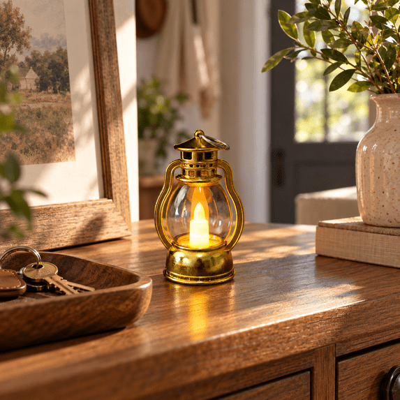 Flameless Mini Lantern Night Light, Soft Decorative LED Glow, Compact Seasonal Night Light, Ambient Lighting for Bedroom, Table and Mantel, Flexible Lighting for Entryway and Party Backdrop, Gold