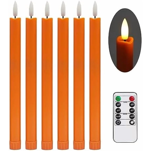 Flameless Orange Taper Candles with Remote - 10 Inch LED Candlesticks Flickering, Realistic 3D Flame with Wick, Warm White Light, Thanksgiving Fall Autumn Decor for Home, Timer - Set of 6