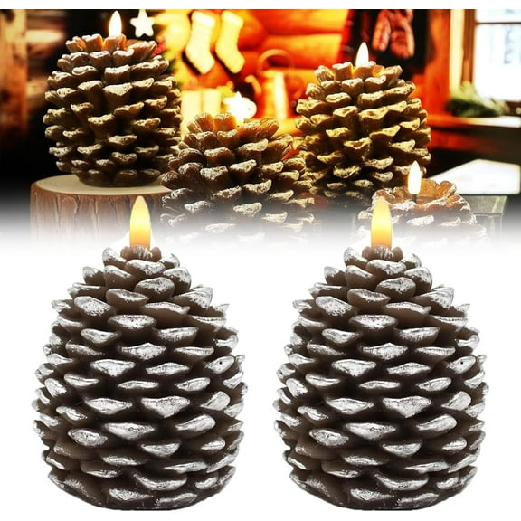 Flameless Pinecone Candles Battery Operated, 2026 New LED Wax Pine Cone Candles, Multi-Functional Flameless Flickering Candless for Fall, for Christmas Home Party Decoration(Style-D,2PCS)