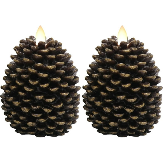 Flameless Pinecone Candles Battery Operated, Set of 2 Real Brown Wax 3D Wick LED Flickering Pillar Candles Christmas Holiday Decor(Gold, 3.7 x 2.2 Inch)
