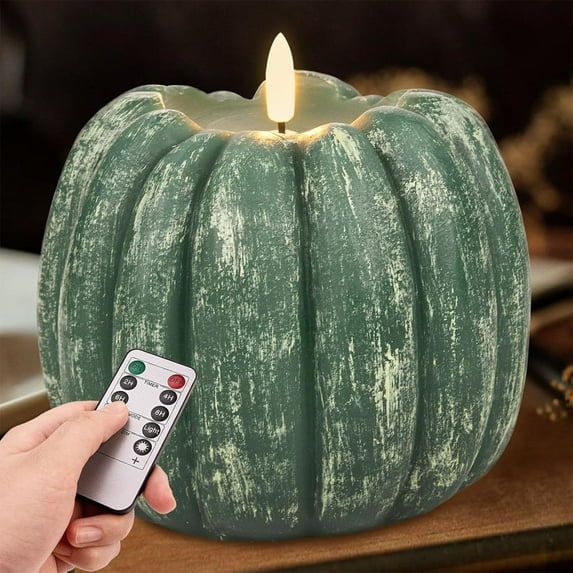 Flameless Pumpkin Candle with Remote – Battery Operated LED Halloween/Christmas Decor, Vintage Wax Finish for Mantel & Tablescapes (5.1”H)‌