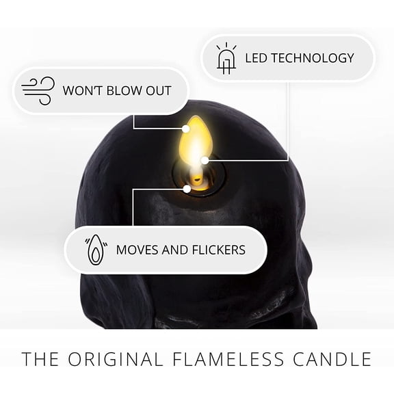 Flameless Single LED Moving Flame Small Skeleton Skull Figural (3.75" x 4.25") Real Wax LED Candle, Unscented, Timer - Black