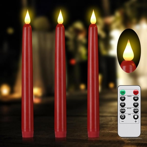 Flameless Taper Candle with Remote Control, 3pack Plastic LED Candles, Flickering Candles Battery Operated,9.2''Classic Tall Candle for Wedding, Party,Christmas,Home Decor （Red