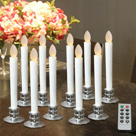 Flameless Taper Candles - Electric White Window Candles with Removable Holders & Timer, Silver Base, 2/6/10pcs.