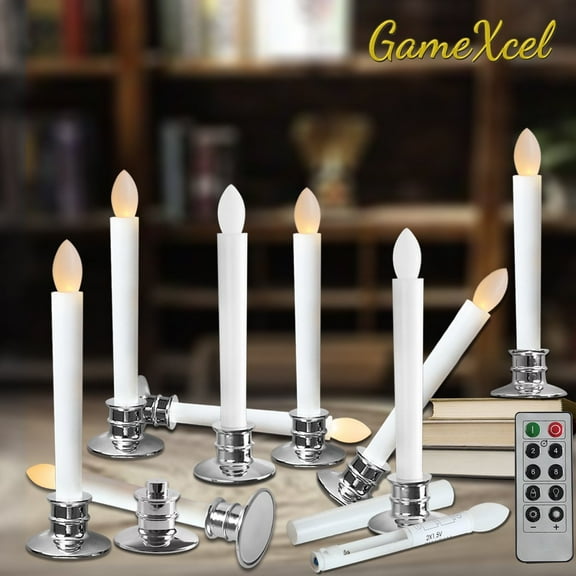 Flameless Taper Candles Electric Window White Candles with Removable Holders LED Christmas Timer Candles Wedding Party Decoration Silver Base 2/6/10pcs