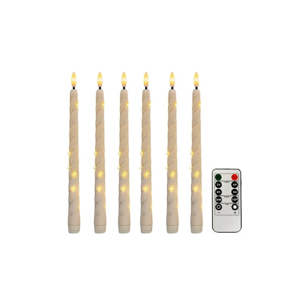 Flameless Taper Candles with Remote and String Lights, Ivory Real Wax Taper Candles Battery Operated, LED Flameless Battery Candlesticks for Home Holiday Decor(Set of 6),Beige