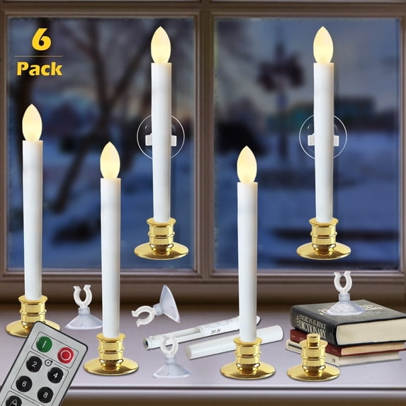 Flameless Taper Candles with Remote and Timer Electric Window Candles with Holders LED Candles Holiday Wedding Party Decoration - with Gold Base,Suction cup,Pack of 6