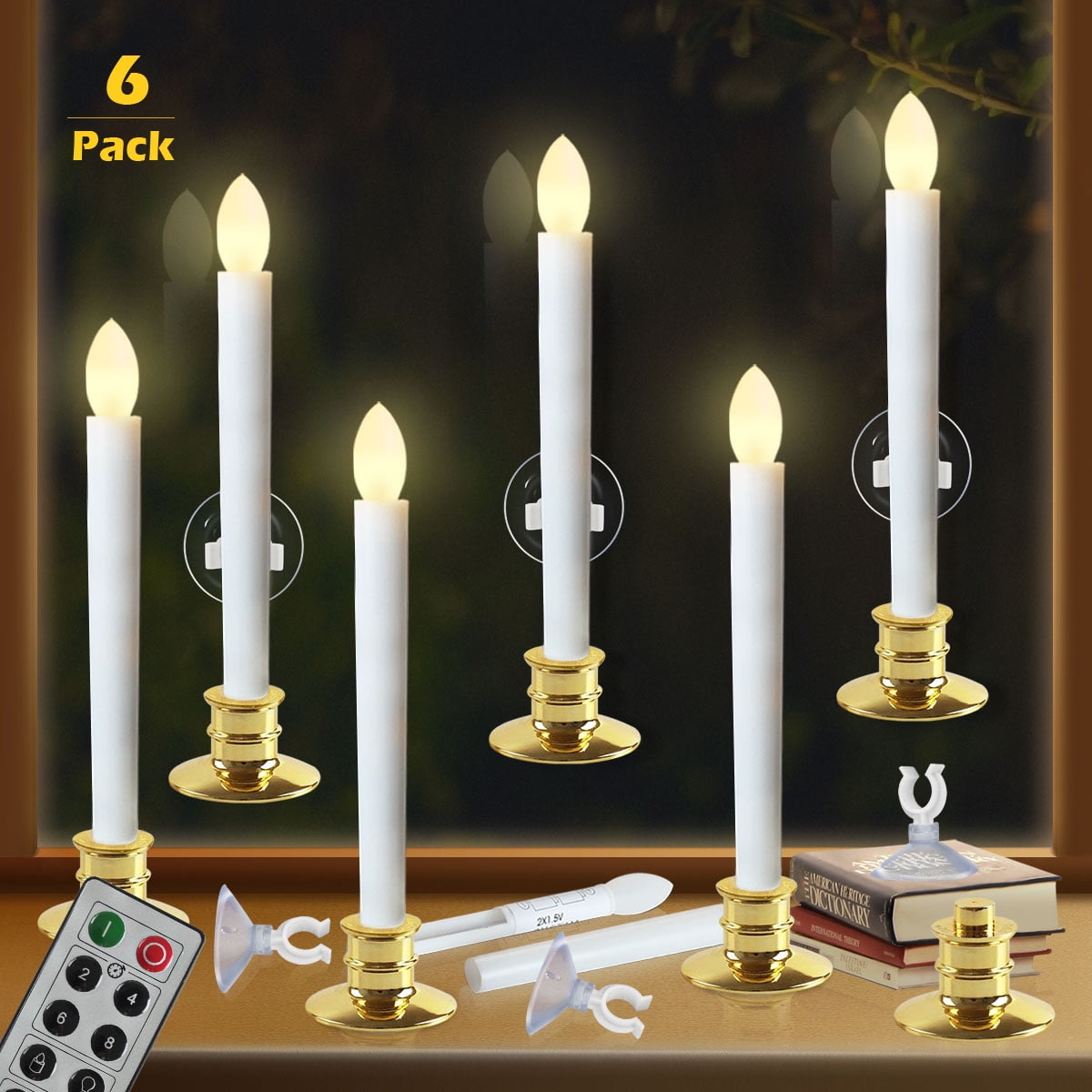 Flameless Taper Candles with Gold Base Pack of 6, Battery Operated LED Window Candles with