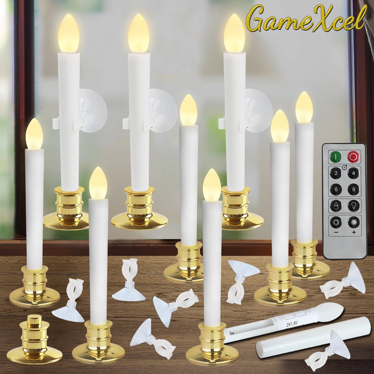 Flameless Taper Window Candles With Gold Bases, Set of 10 Christmas
