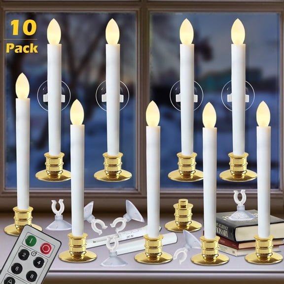 Flameless Taper Window Candles With Gold Bases, Set of 10 - Christmas Candles with Timer, Remote Control, and Suction Cups Included