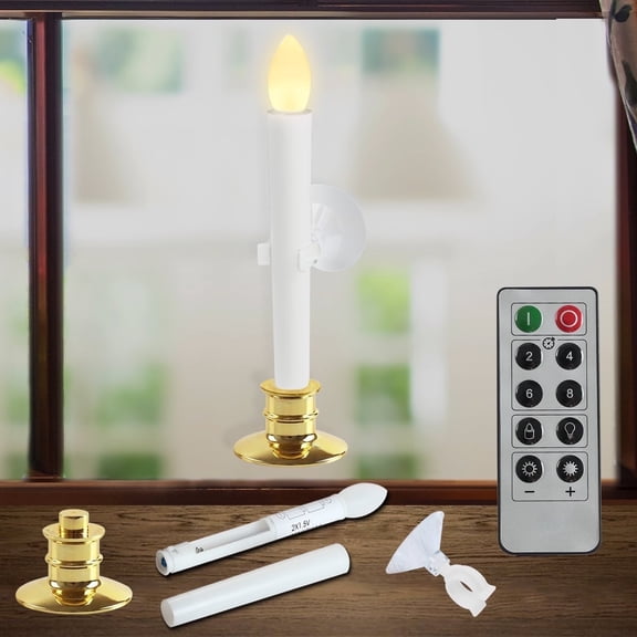 Flameless Taper Window Candles With Gold Bases, Set of 2 - Christmas Candles with Timer, Remote Control, and Suction Cups