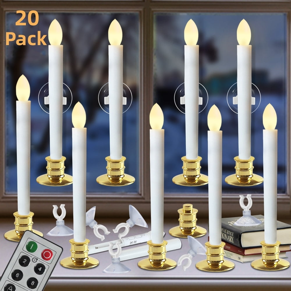 Flameless Taper Window Candles With Gold Bases, Set of 20 Christmas Candles with Timer, Remote
