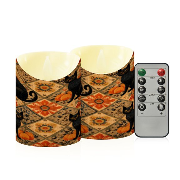 Flameless Themed LED Candles Decorative With Bohemian Black Cats and Pumpkins Pattern