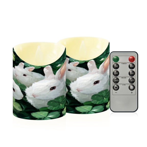 Flameless Themed LED Candles Decorative With Bunnies in Clover Gathering Pattern