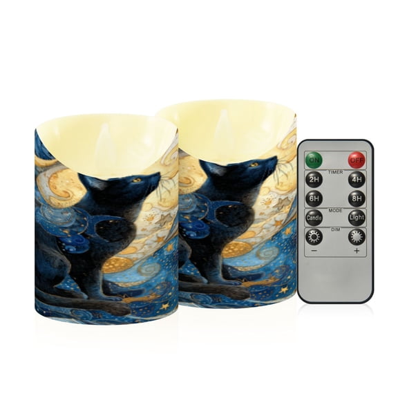 Flameless Themed LED Candles Decorative With Celestial Cat in A Swirling Night Sky Pattern