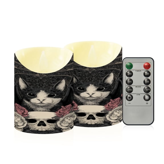 Flameless Themed LED Candles Decorative With Dark Bat Cat Art Pattern
