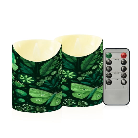Flameless Themed LED Candles Decorative With Lush Green Butterfly Haven Pattern