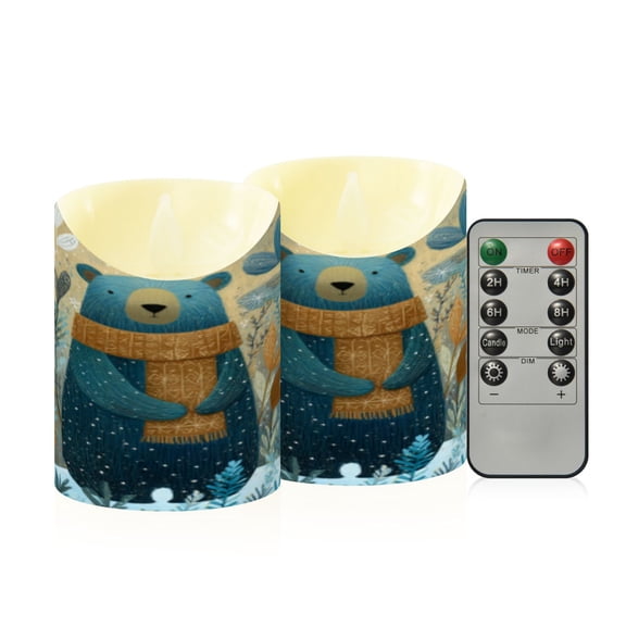 Flameless Themed LED Candles Decorative With Scarfed Forest Bear Pattern