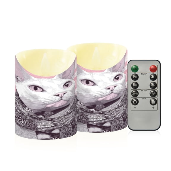 Flameless Themed LED Candles Decorative With Scarfed White Cat Pattern