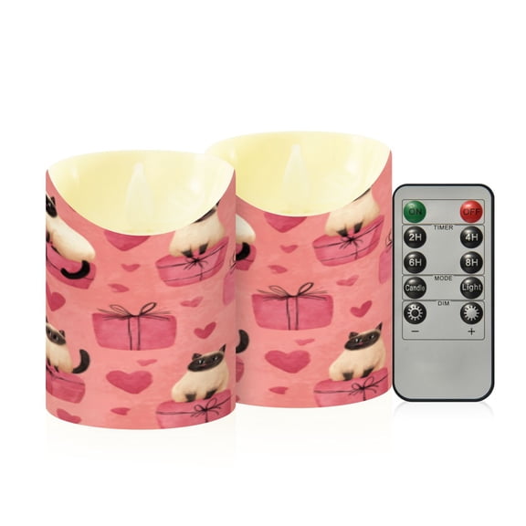 Flameless Themed LED Candles Decorative With Siamese Cats on Pink Presents Pattern