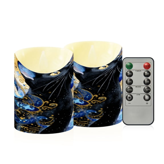 Flameless Themed LED Candles Decorative With Starry-eyed Feline in A Cosmic Mosaic Pattern
