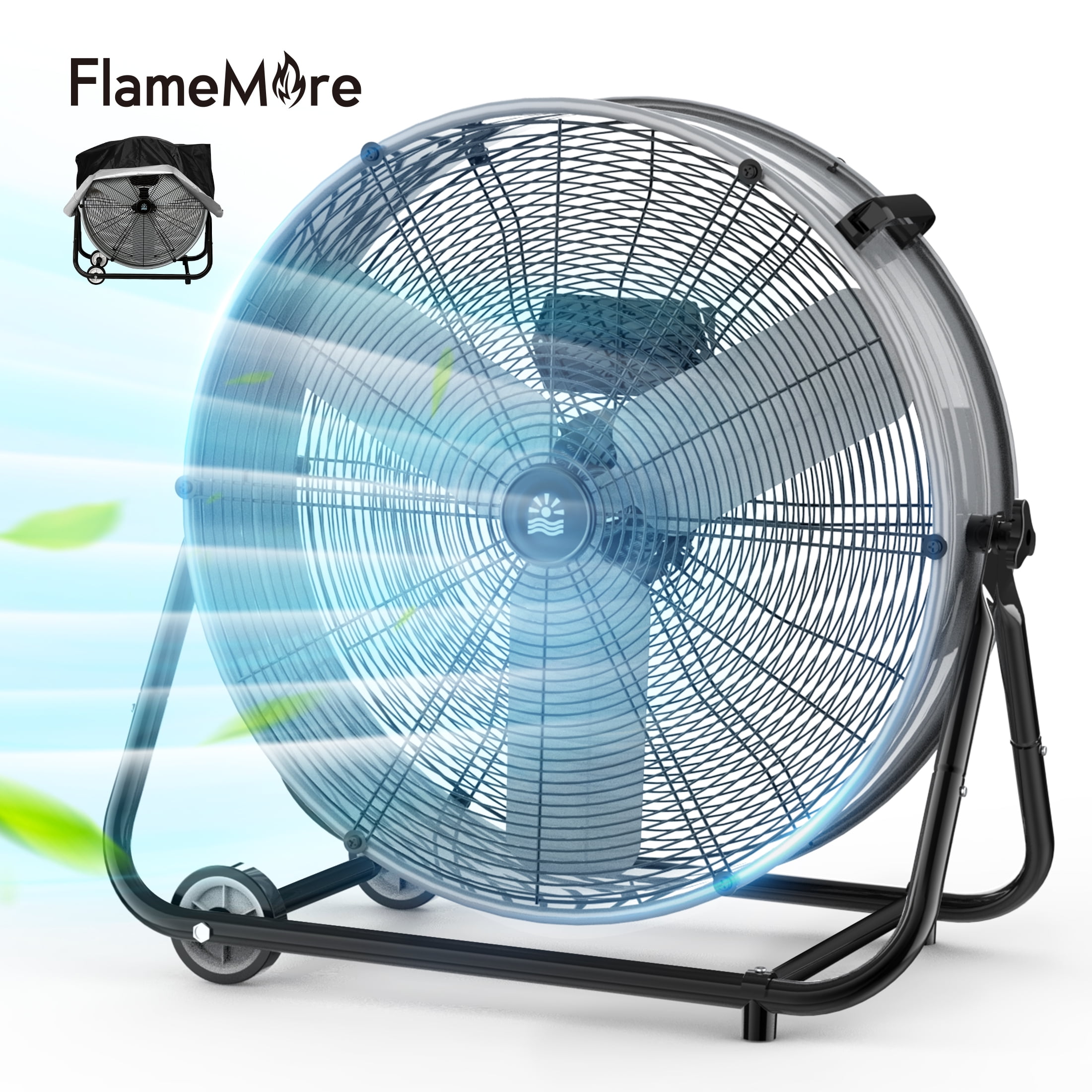 FlameMore 24" Industrial Drum Fan, High Velocity 3-Speed, 320W, 360Swivel Floor Fan with Wheels for Patio, Garage,Gray